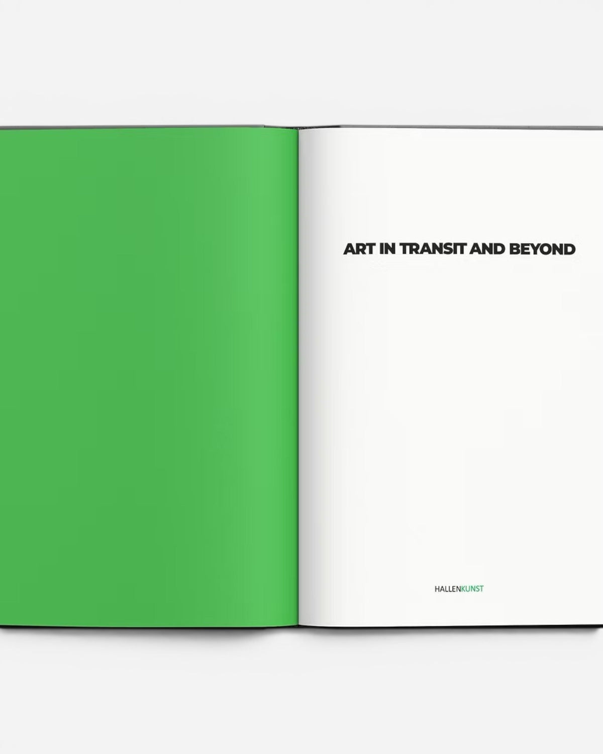 Astrofat Art In Transit And Beyond Hallenkunst book, featuring a vibrant green page opposite a white page with black text.