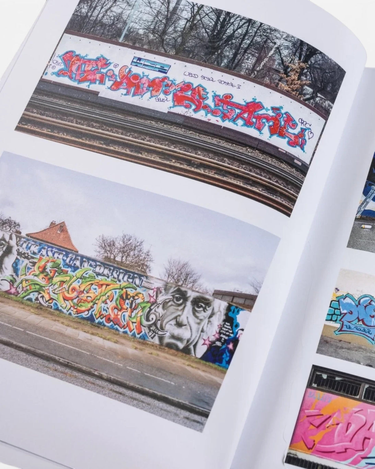 Astrofat DAIM Retrospective book pages featuring colorful graffiti art murals, train pieces, and historical street art.