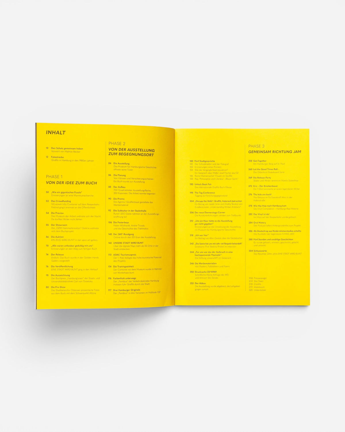 Table of contents page of the Astrofat book EINE STADT WIRD BUNT. – FLASHBACK with bright yellow background.