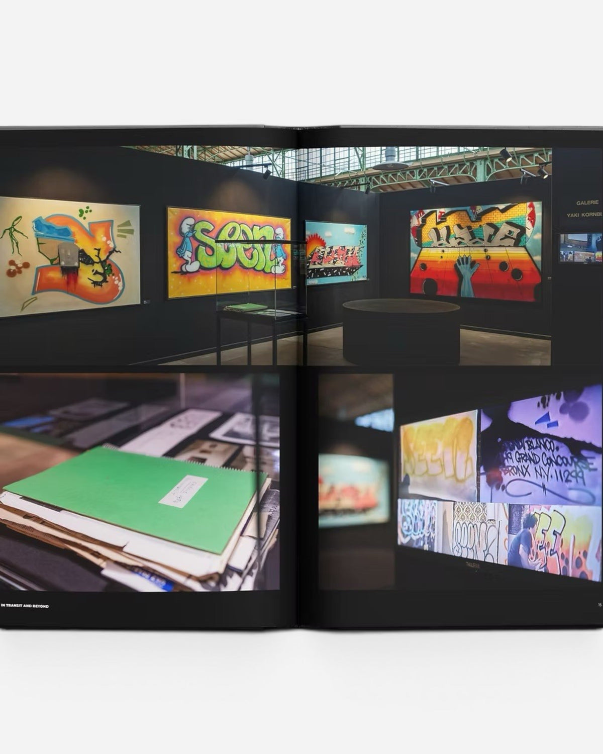 Art In Transit And Beyond - Hallenkunst exhibition catalog featuring graffiti art, including a green folder and various artworks.