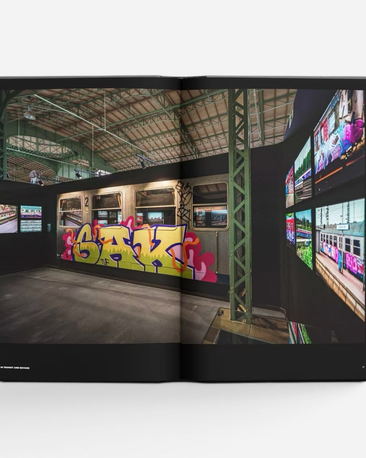 Astrofat Art In Transit And Beyond Hallenkunst exhibition catalog featuring a graffiti-covered train car and screens displaying artwork.