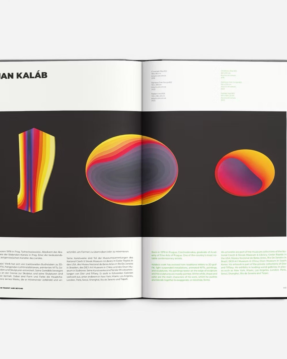 Astrofat Art In Transit And Beyond Hallenkunst book featuring abstract colorful art pieces by Jan Kaláb. Hardcover with black linen and glossy black hot foil stamping.