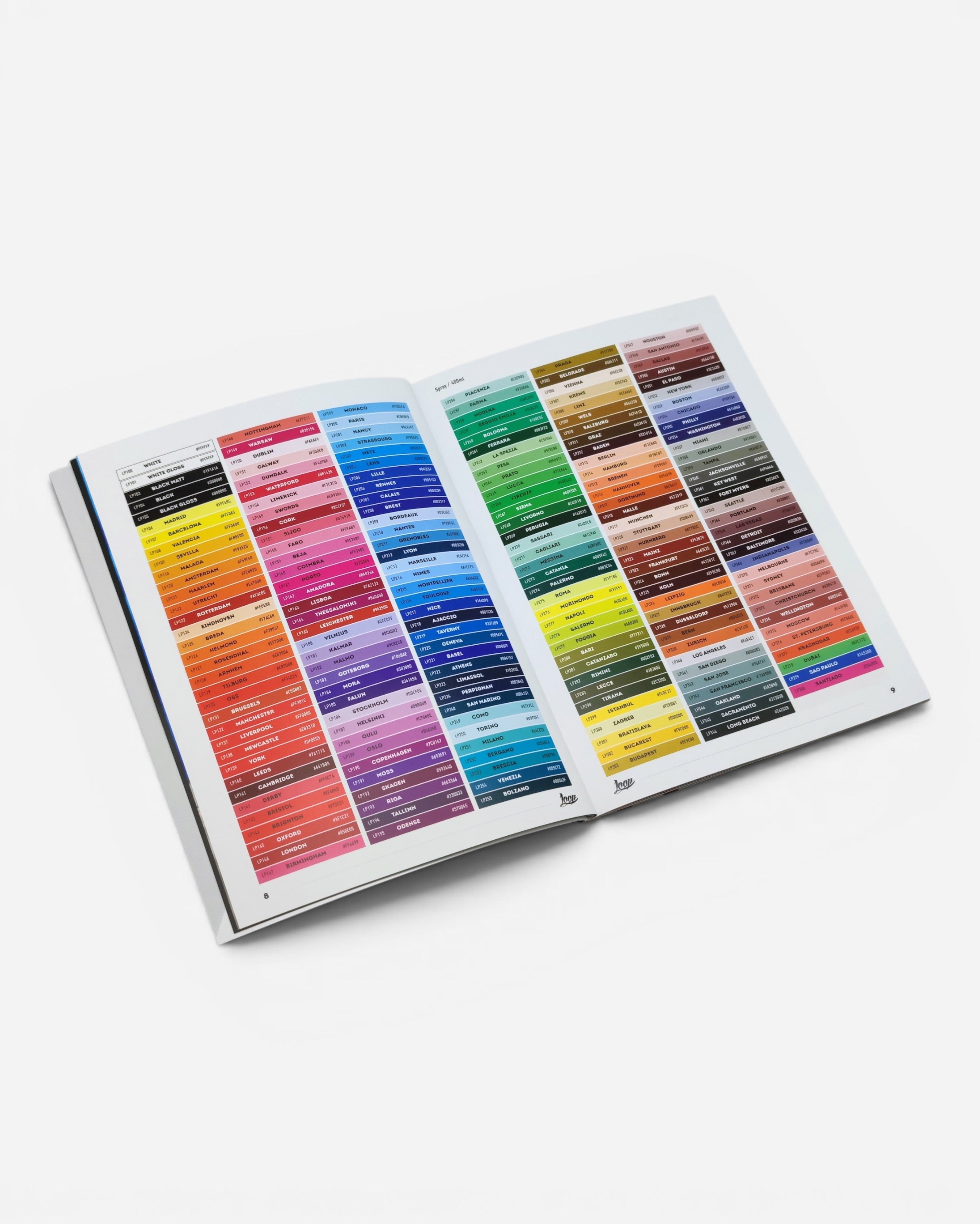 Astrofat Loop Colors Catalogue 2026, A4 vertical format, featuring a spread of color swatches with names and codes.