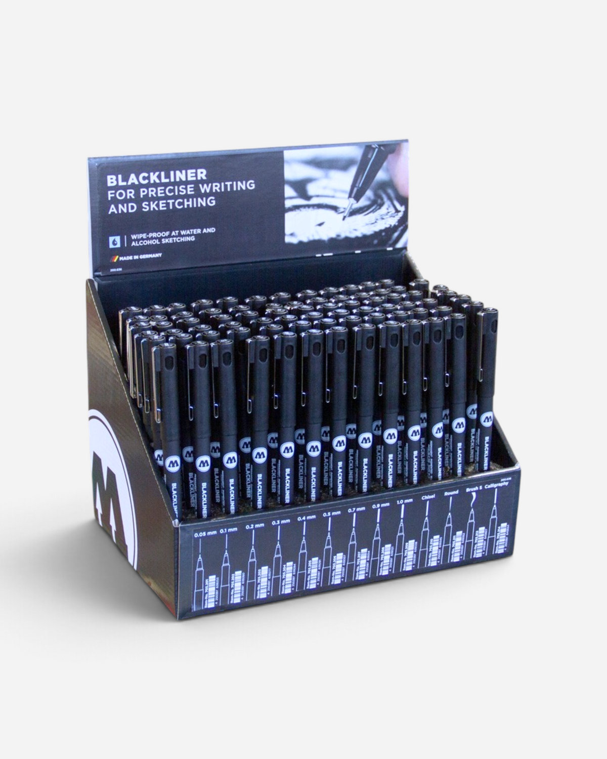 Astrofat Molotow Blackliner sales display containing 78 assorted black pigment ink markers for precise sketching.