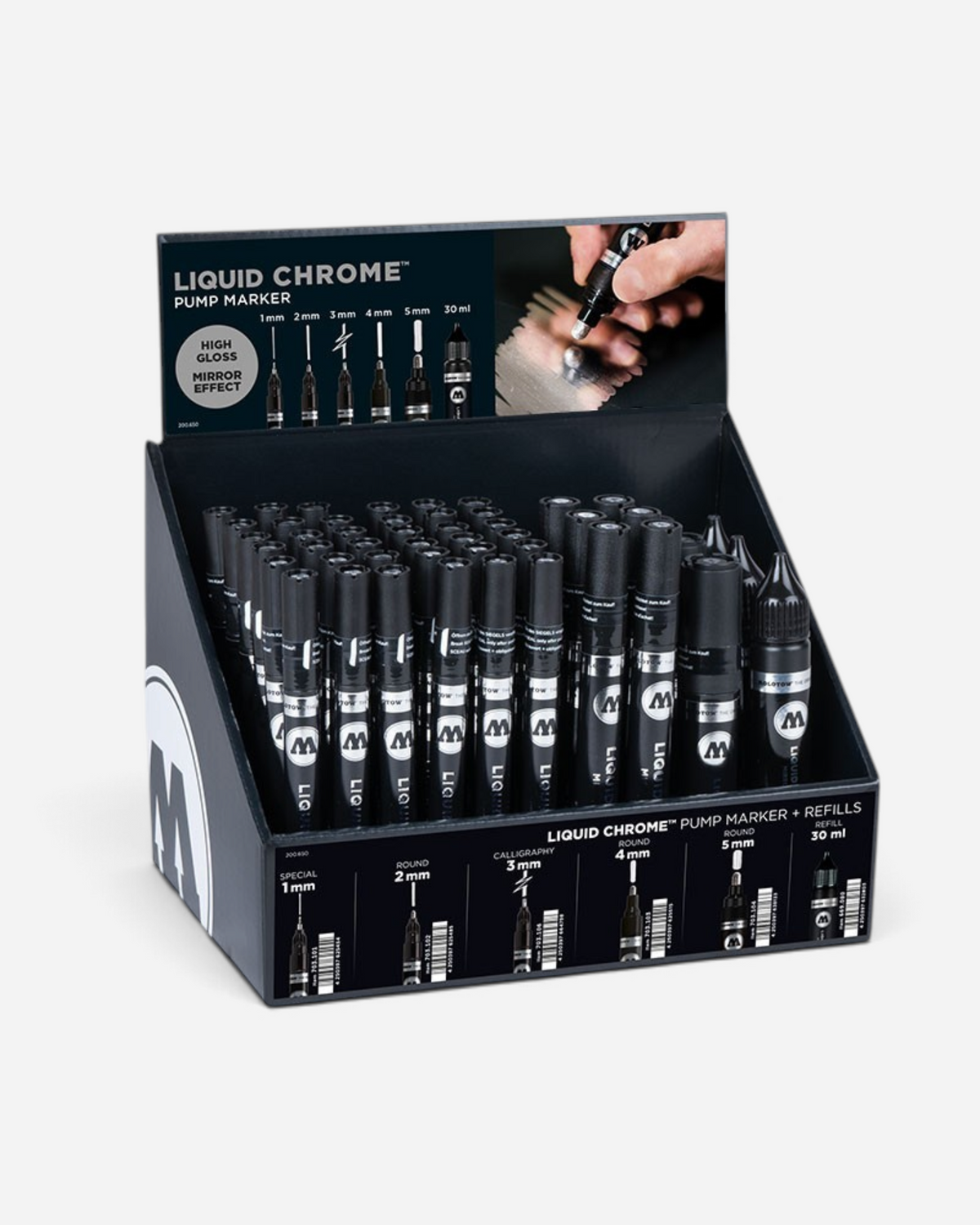 Astrofat Molotow Liquid Chrome marker sales display featuring 45 assorted silver mirror-effect paint markers and refills