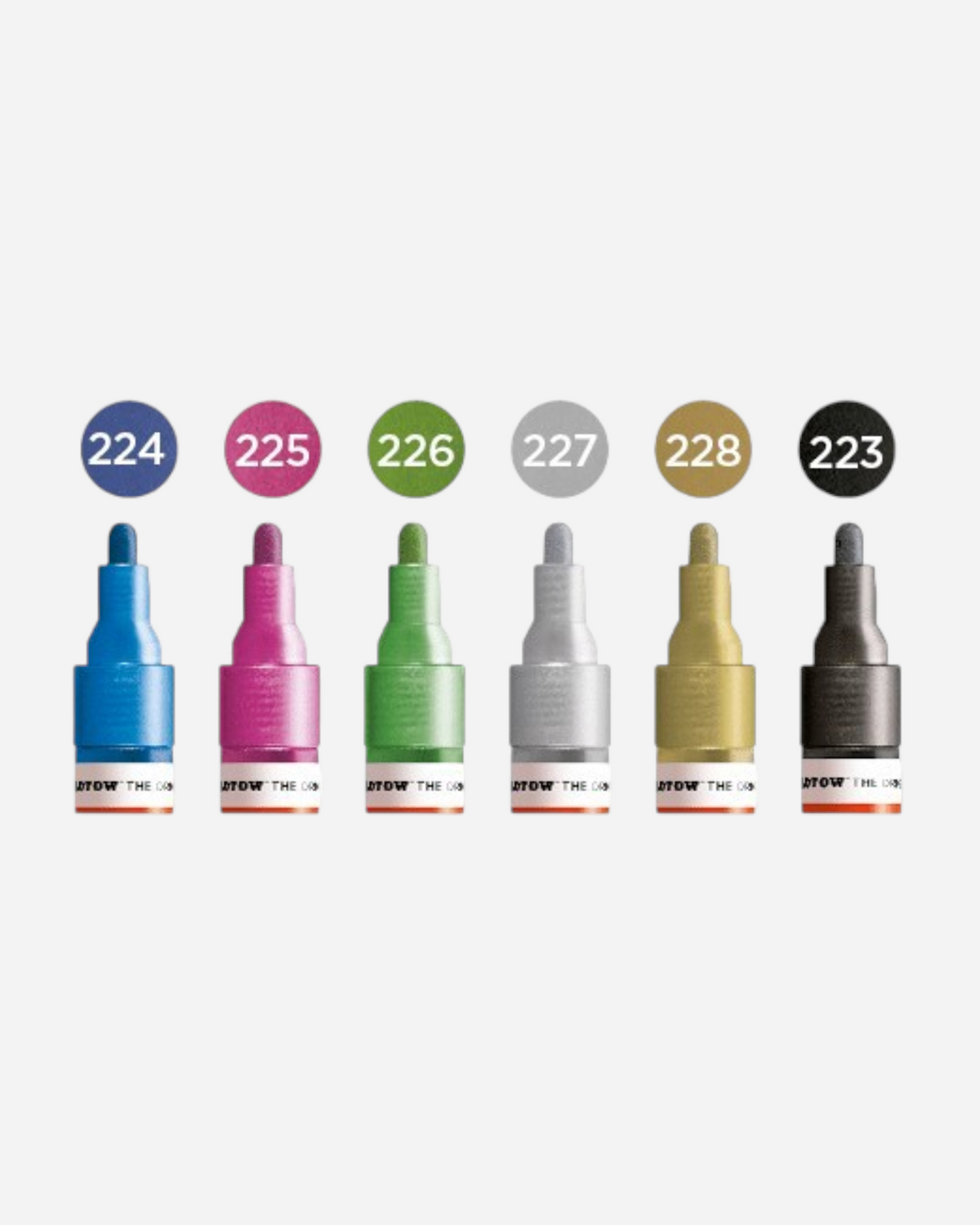 Astrofat set of 6 Molotow One4All metallic acrylic markers with 2mm round tips in various vibrant colours.
