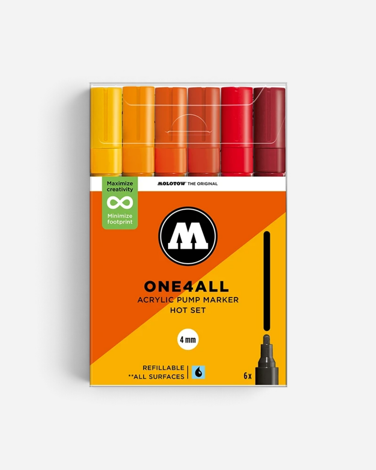 Astrofat Molotow One4All 4mm acrylic marker set in warm tones including yellow, orange, and red shades.