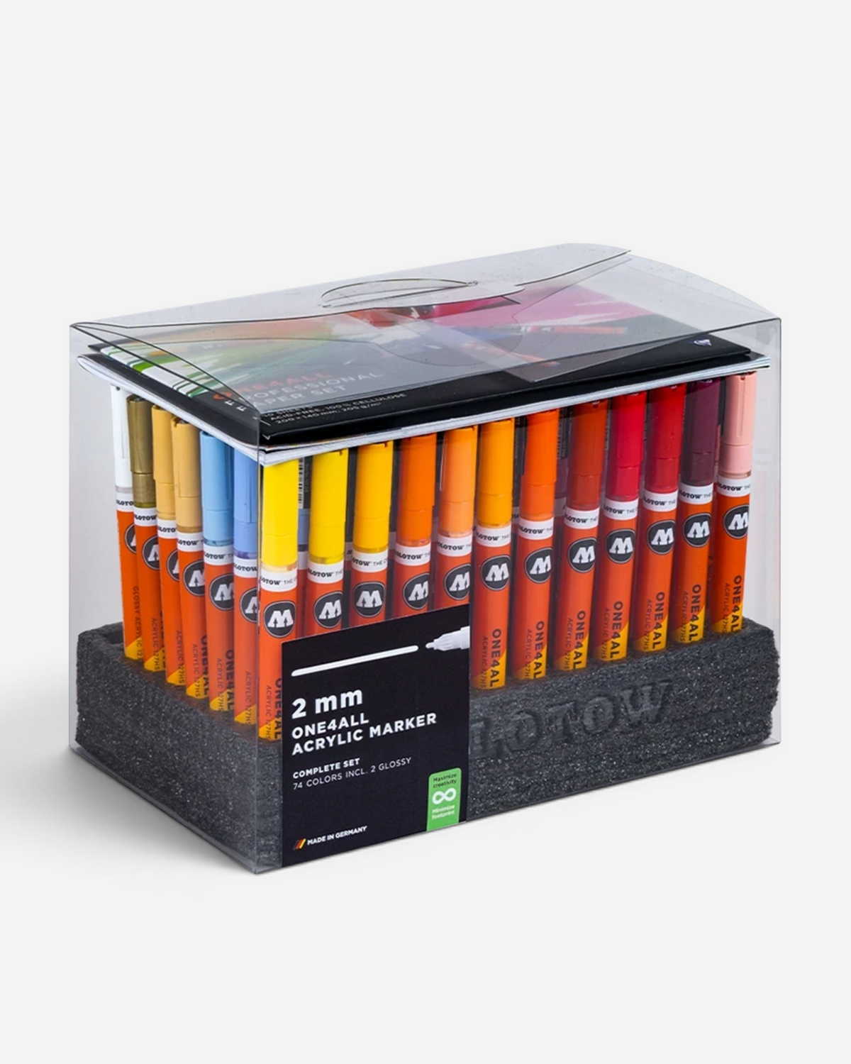 Astrofat complete set of 74 Molotow One4All 127HS 2mm acrylic paint markers in a clear display box.