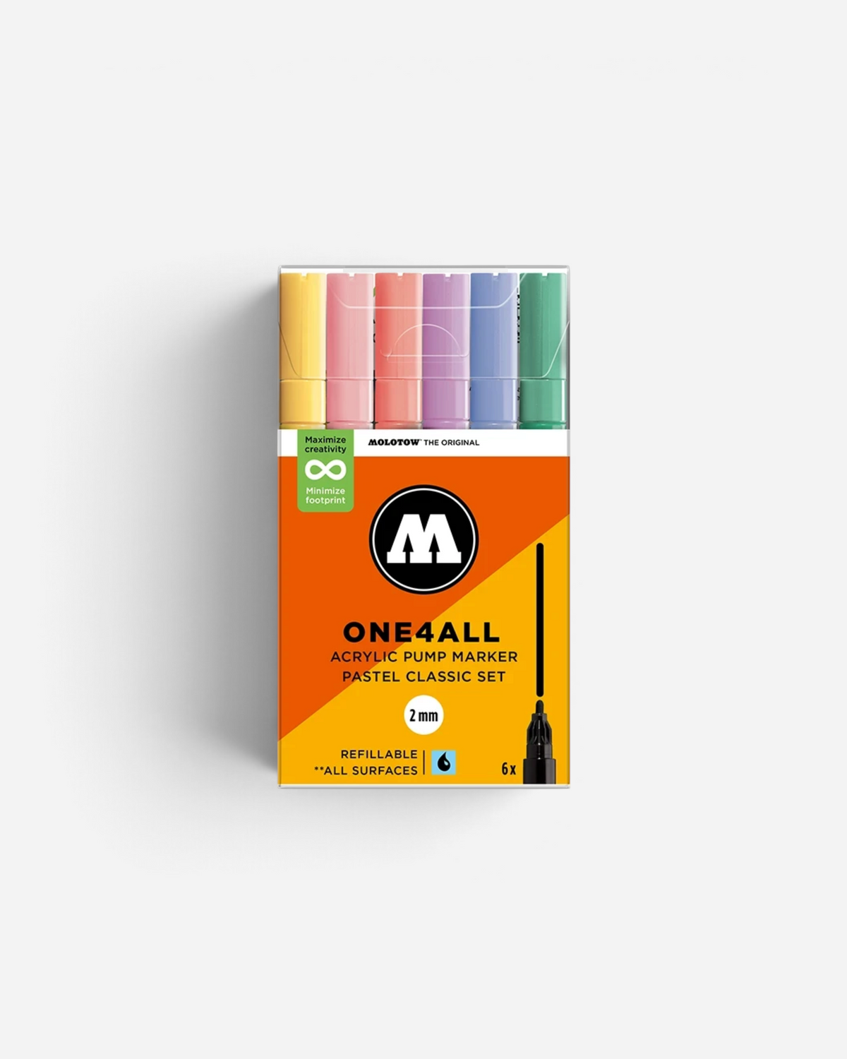 Astrofat Molotow One4All 2mm acrylic marker set featuring six pastel classic colours in a clear plastic display box.