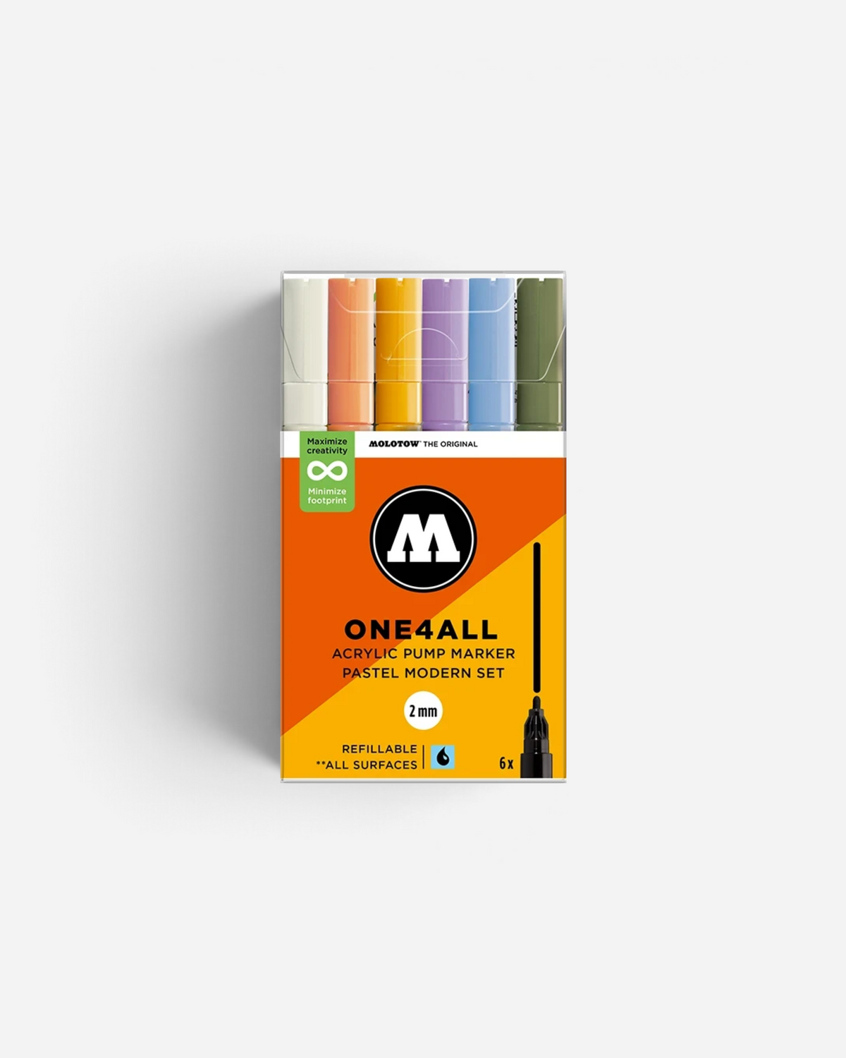 Astrofat Molotow One4All 2mm acrylic marker set featuring six pastel colors in a clear plastic display case.