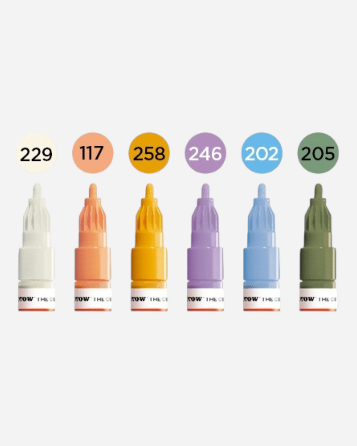 Astrofat set of six Molotow One4All 2mm acrylic markers in pastel shades including white, peach, yellow, and lavender.