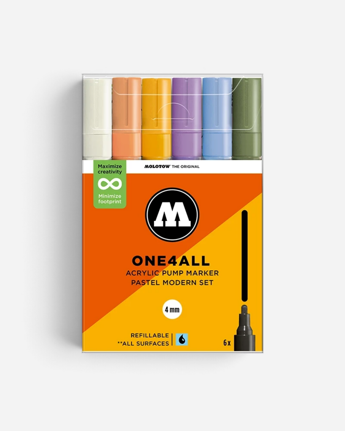 Astrofat Molotow One4All acrylic marker set featuring six pastel-toned 4mm pump markers in a clear display box.