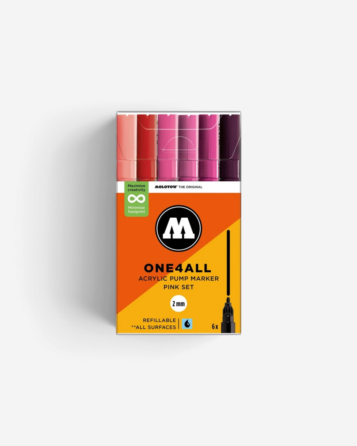 Astrofat Molotow One4All 2mm acrylic pump marker set featuring six vibrant pink and purple shades in a clear box