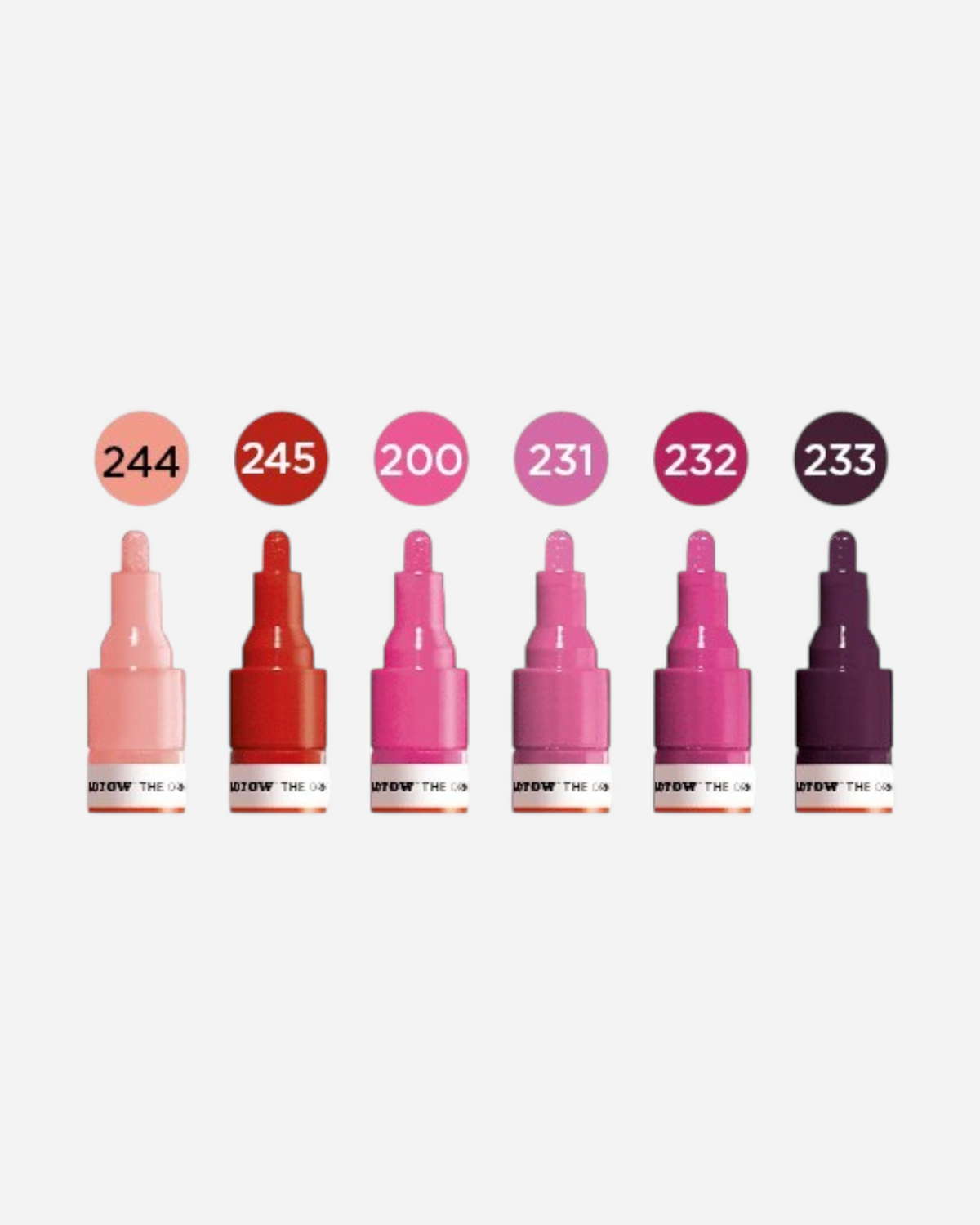 Astrofat Molotow One4All 4mm acrylic marker set in six shades of pink, coral, and purple with round tips.