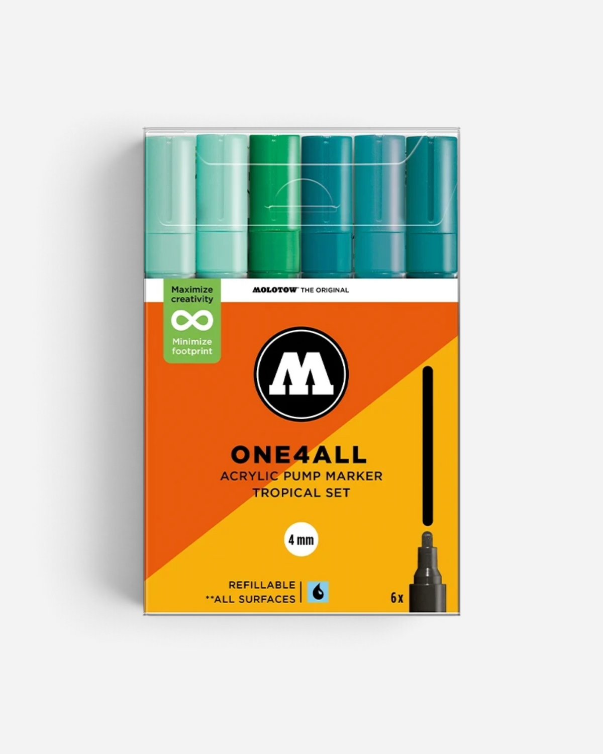 Astrofat Molotow One4All 4mm acrylic marker set in tropical blue and green shades with six refillable pens.