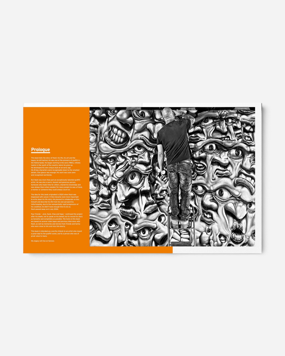 Astrofat Nash Master Of Puppets art book open to the prologue page featuring a black and white graffiti mural