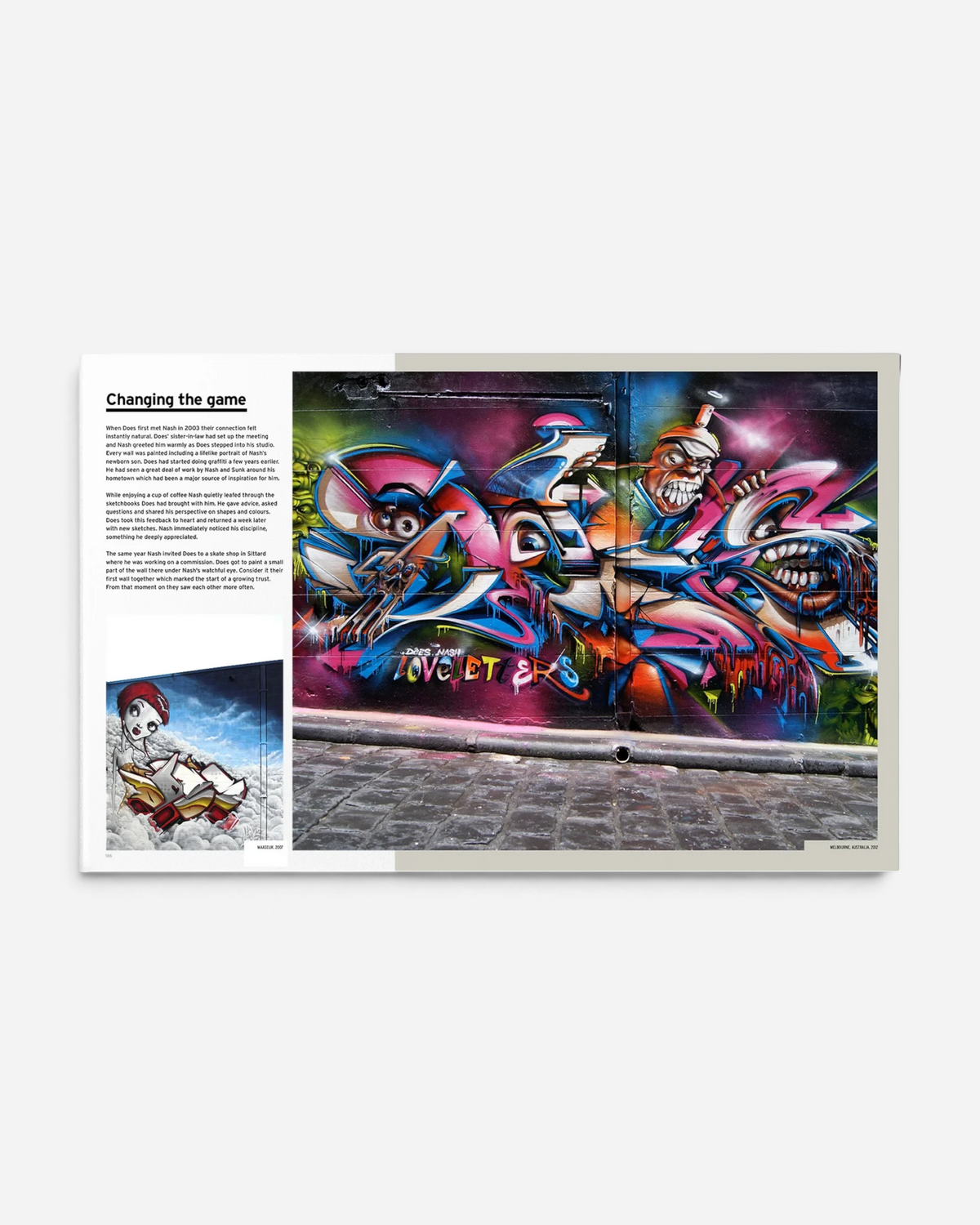 Astrofat Nash Master Of Puppets art book open to a page featuring vibrant graffiti street art and descriptive text.