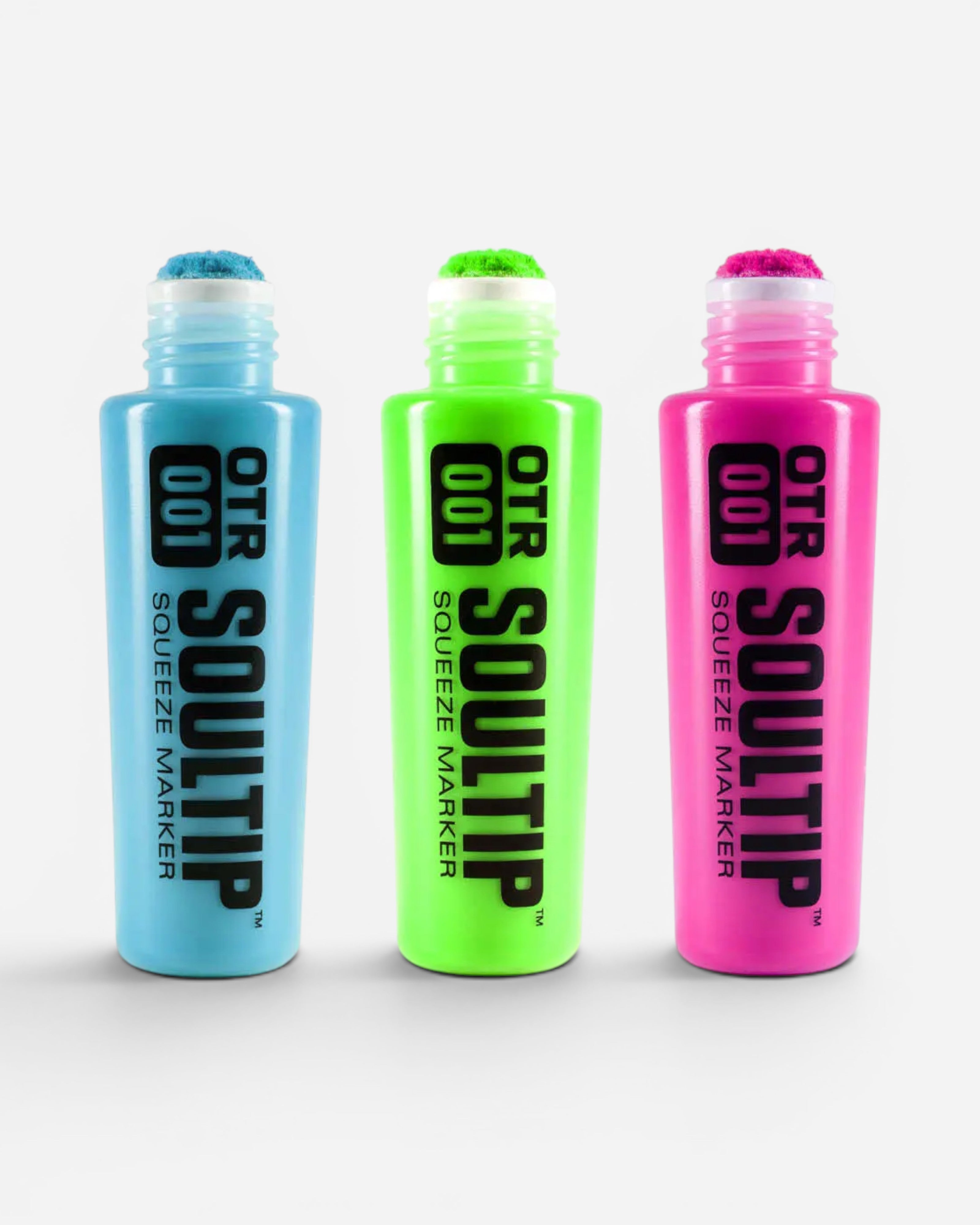 Astrofat OTR.001 Soultip Squeeze Marker in blue pastel, lime green, and hot pink with 22mm round tips.