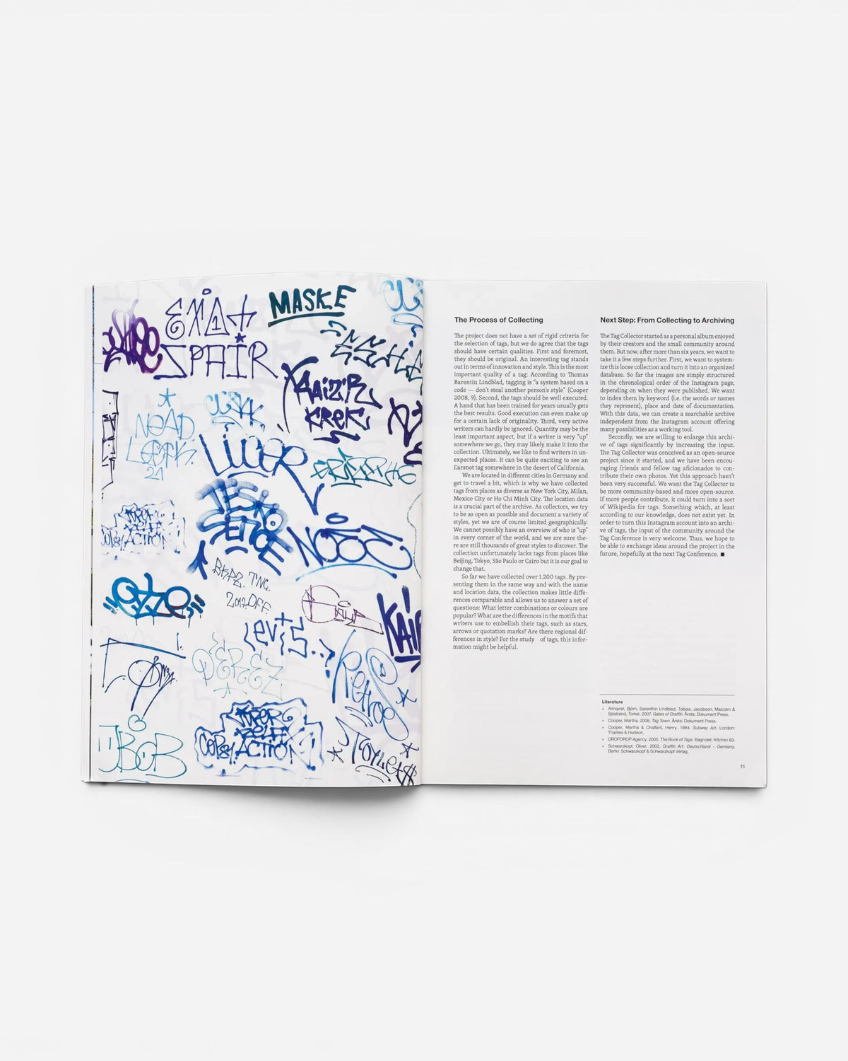 Astrofat TAG Name writing in public space book open to a page featuring various graffiti tags and descriptive text.