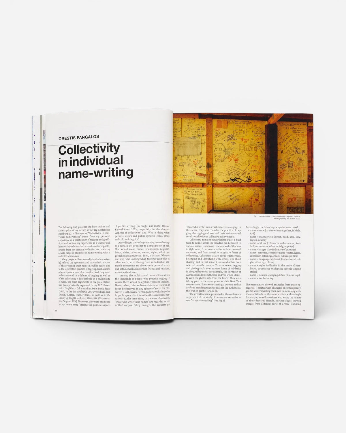 Astrofat TAG Name writing in public space book open to a spread featuring graffiti photography and academic text