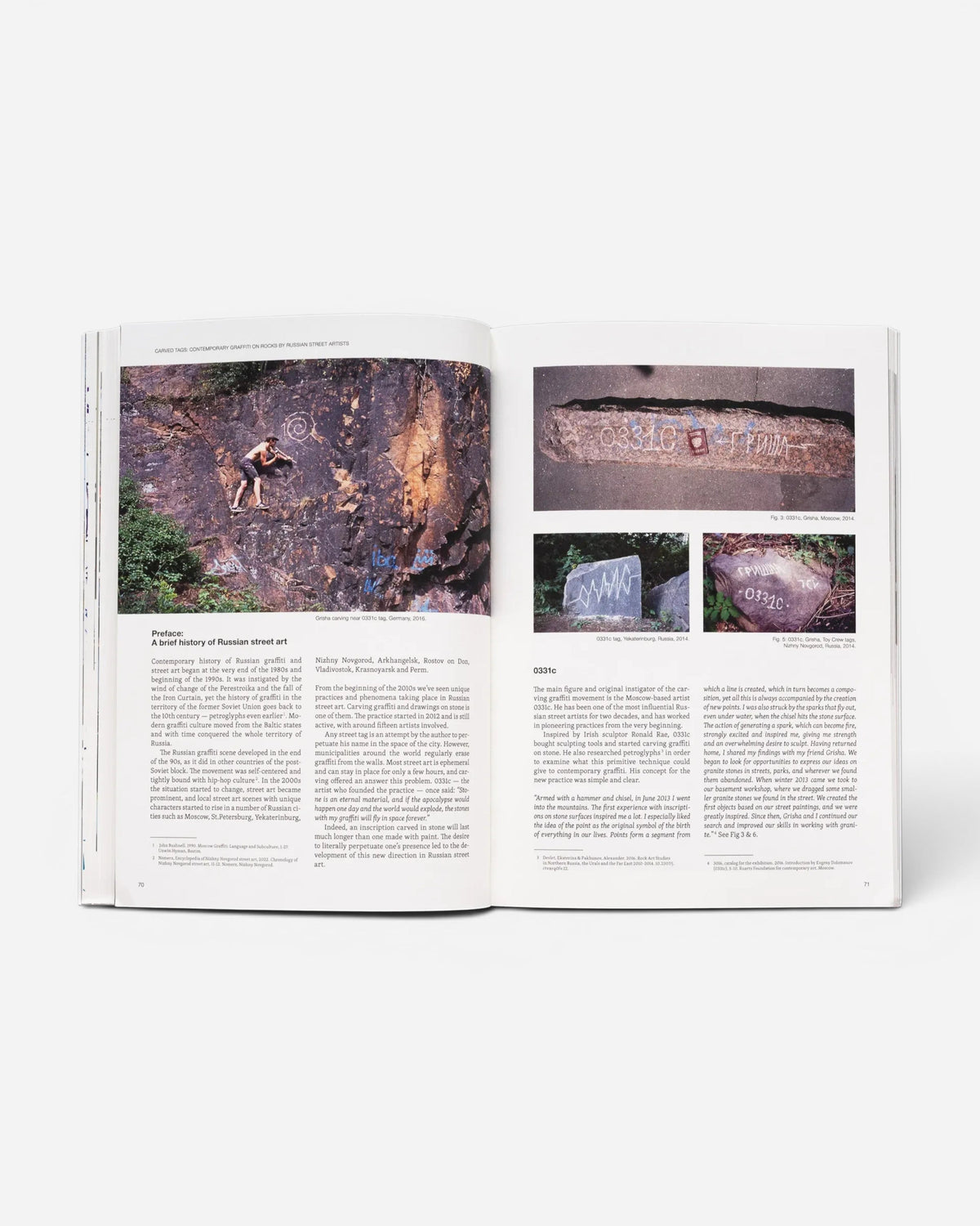 Astrofat TAG Name writing in public space book open to pages 70 and 71 featuring Russian street art stone carvings