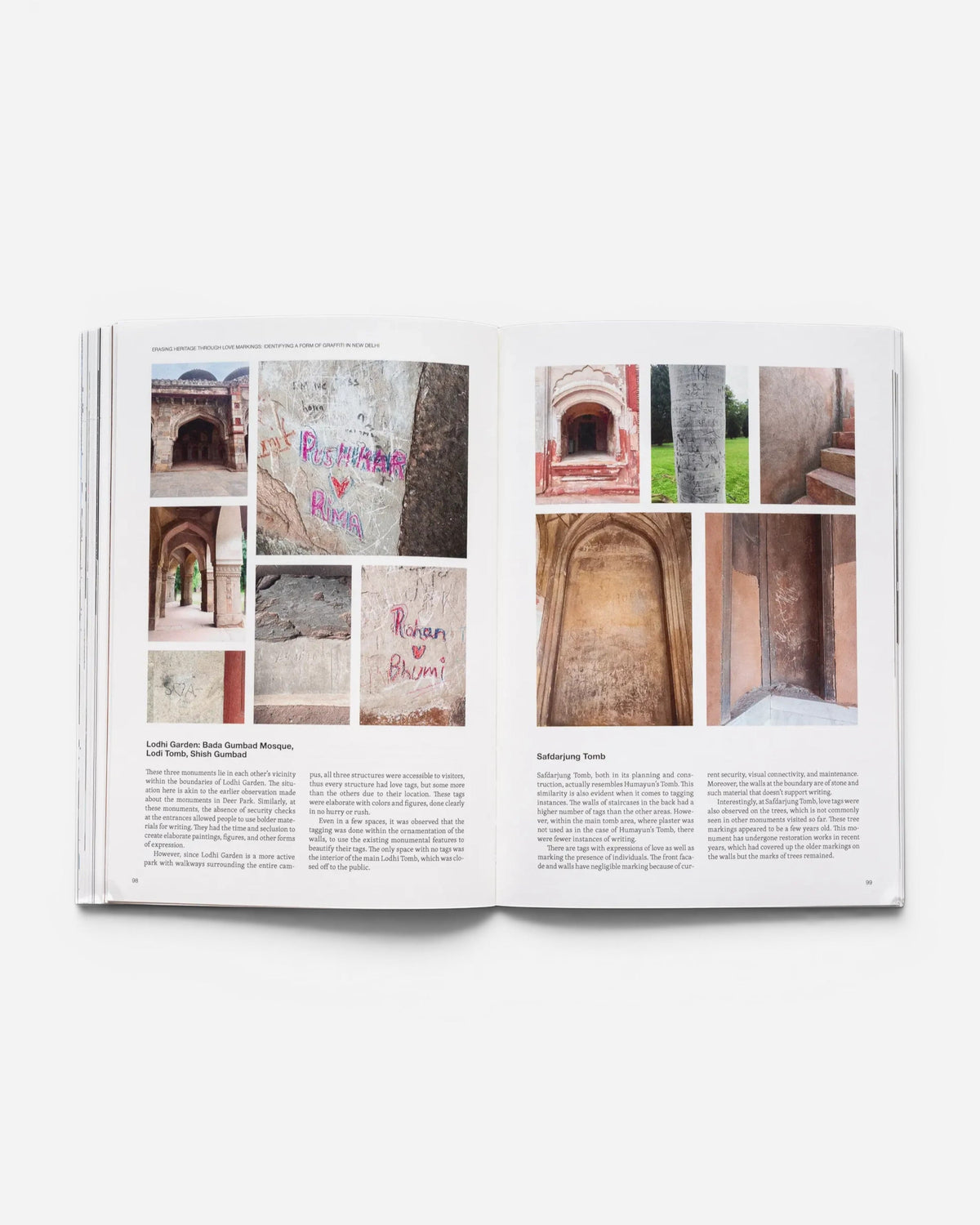 Astrofat TAG Name writing in public space book open to pages 98 and 99 showing graffiti photos on historic monuments.