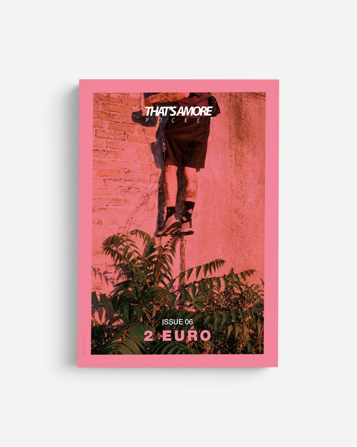 Astrofat That's Amore Pocket Issue 06 magazine with a pink border and a photograph of a person climbing a brick wall.
