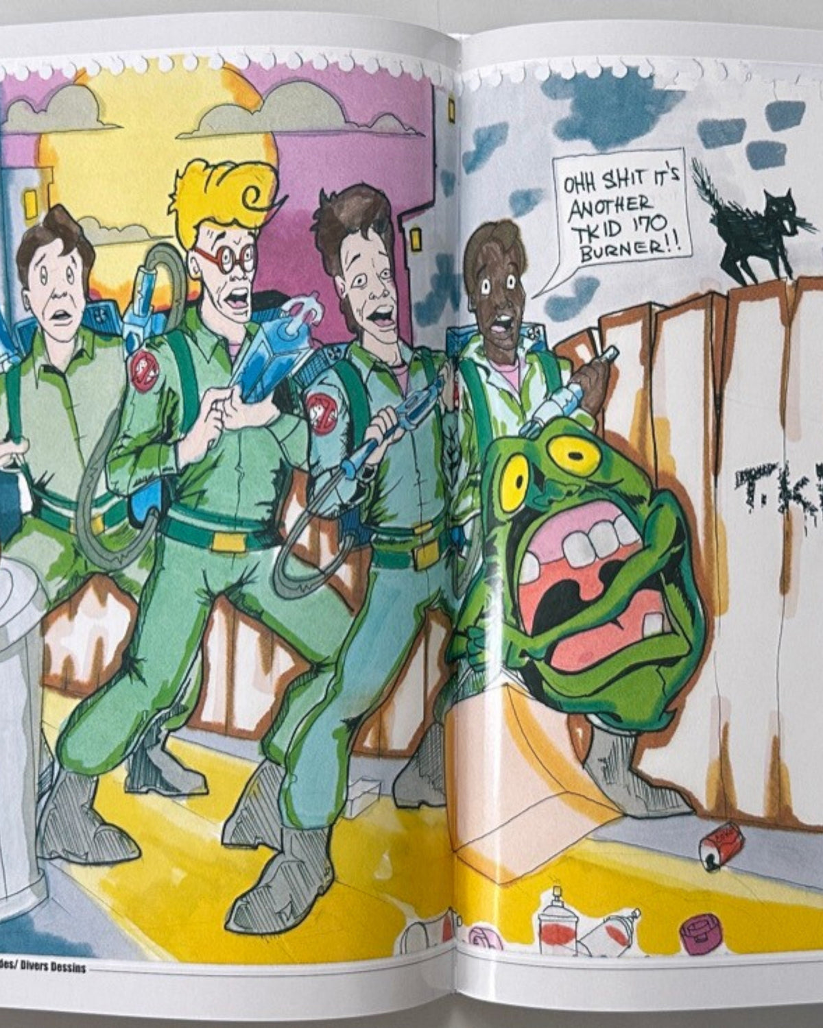 Astrofat book featuring T-Kid 170 artwork: Ghostbusters characters in green jumpsuits with proton packs, a jack-o'-lantern, and Slimer. Includes graffiti art and sketches.