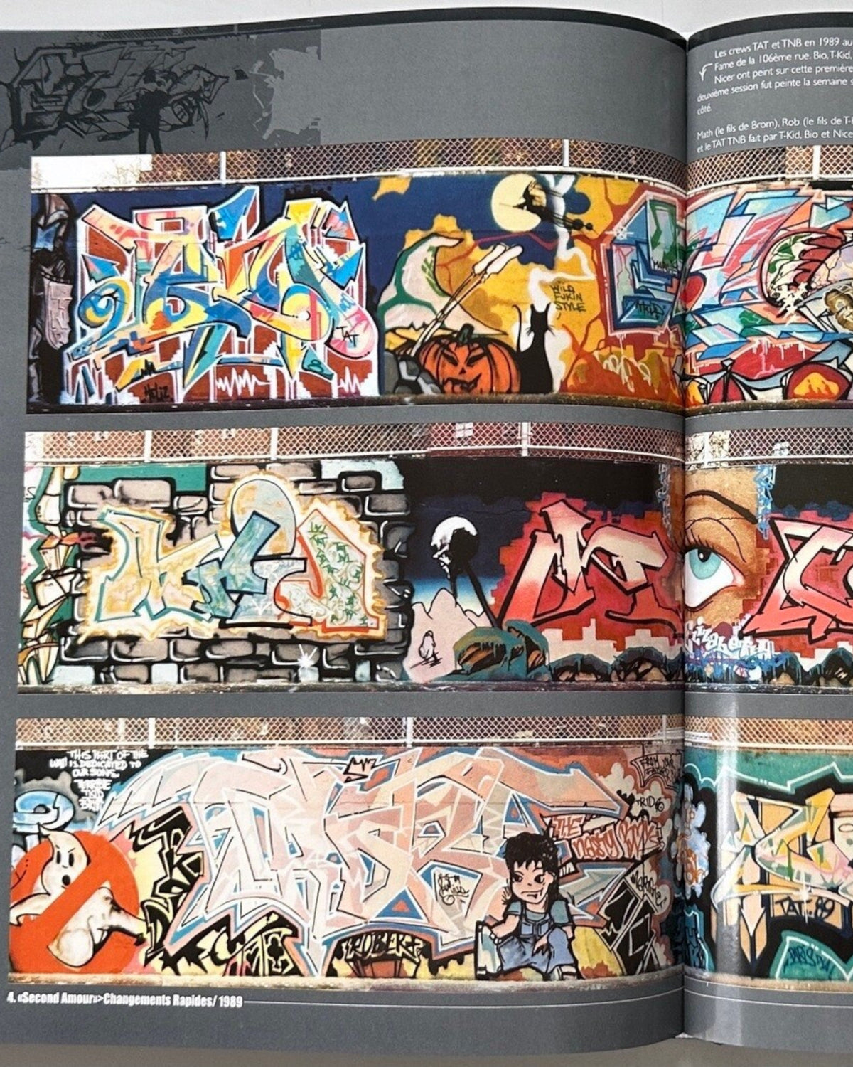 Astrofat book featuring vibrant graffiti art by T-Kid 170, showcasing colorful murals and lettering on brick walls and subway cars.